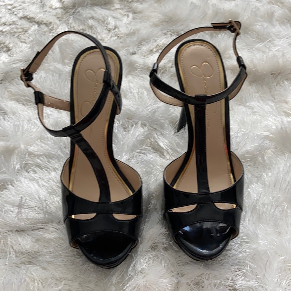 Jessica Simpson Black Patent Peep Toe Mary Jane Style Heel - Size 7.5